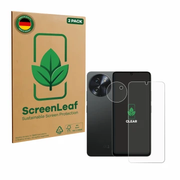Front side of a product packaging with the brand logo ScreenLeaf. Next to it is the device Doogee Note 59 Pro Plus (Front+Came