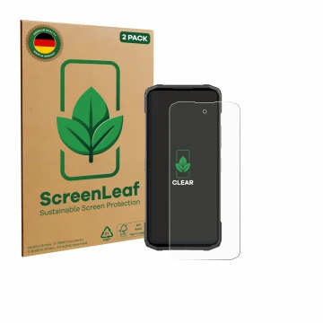 Front side of a product packaging with the brand logo ScreenLeaf. Next to it is the device Doogee Blade 20 shown with the corr