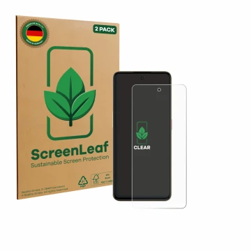Front side of a product packaging with the brand logo ScreenLeaf. Next to it is the device Nubia Neo 3 shown with the correspo