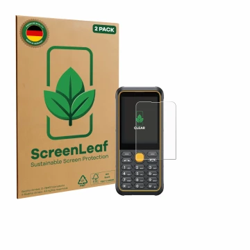 Front side of a product packaging with the brand logo ScreenLeaf. Next to it is the device Ulefone Armor Mini 4 shown with the