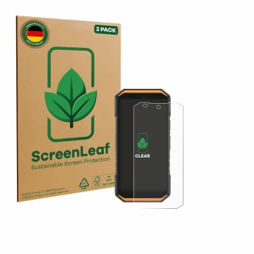 Front side of a product packaging with the brand logo ScreenLeaf. Next to it is the device Ulefone Armor X32 Pro shown with th