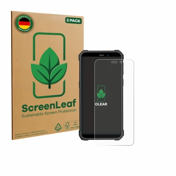Front side of a product packaging with the brand logo ScreenLeaf. Next to it is the device Oukitel WP32 Pro shown with the cor