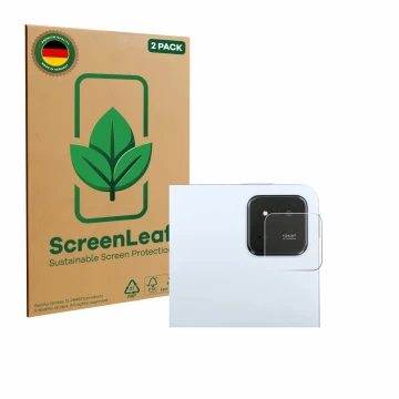 Front side of a product packaging with the brand logo ScreenLeaf. Next to it is the device Xiaomi Pad 7 (ONLY Camera Lens) sho