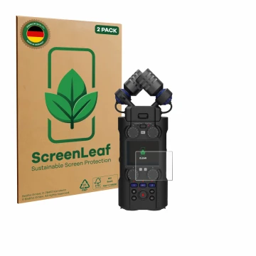 Front side of a product packaging with the brand logo ScreenLeaf. Next to it is the device Zoom H5 Studio shown with the corre