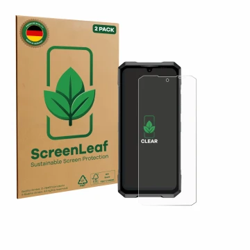 Front side of a product packaging with the brand logo ScreenLeaf. Next to it is the device Doogee Blade GT Pro shown with the 