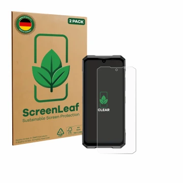 Front side of a product packaging with the brand logo ScreenLeaf. Next to it is the device Doogee Blade GT Play shown with the