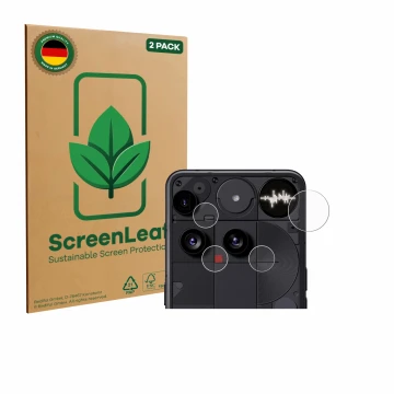 Front side of a product packaging with the brand logo ScreenLeaf. Next to it is the device Nothing Phone (3) (ONLY Camera Lens