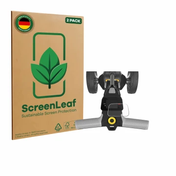 Front side of a product packaging with the brand logo ScreenLeaf. Next to it is the device PowaKaddy CT6 2025 shown with the c