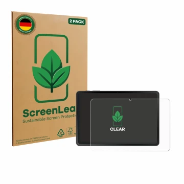 Front side of a product packaging with the brand logo ScreenLeaf. Next to it is the device Doogee Tab A9 shown with the corres