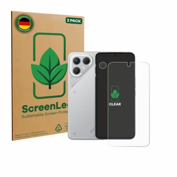 Front side of a product packaging with the brand logo ScreenLeaf. Next to it is the device Tecno Pova 7 Pro (Front+Camera) sho