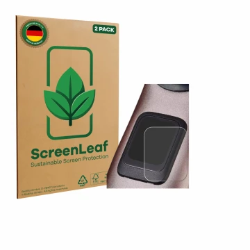 Front side of a product packaging with the brand logo ScreenLeaf. Next to it is the device Specialized Turbo Levo 4 shown with