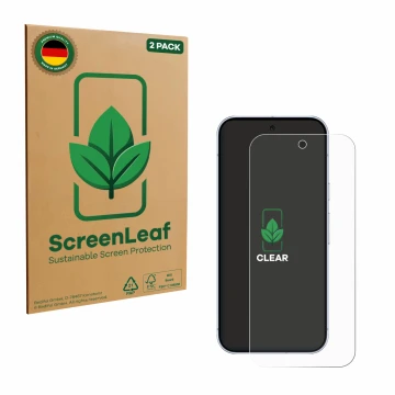 Front side of a product packaging with the brand logo ScreenLeaf. Next to it is the device Google Pixel 10 Pro shown with the 