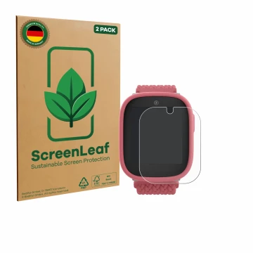 Front side of a product packaging with the brand logo ScreenLeaf. Next to it is the device Xplora X6 Play 2025 (2nd generation