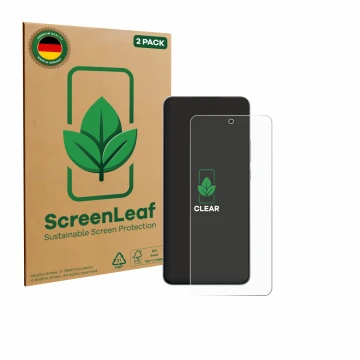 Front side of a product packaging with the brand logo ScreenLeaf. Next to it is the device OnePlus Nord CE 5 shown with the co