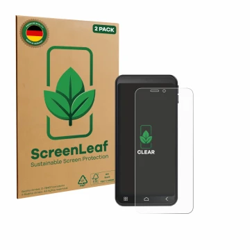 Front side of a product packaging with the brand logo ScreenLeaf. Next to it is the device Emporia Smart ME7 shown with the co