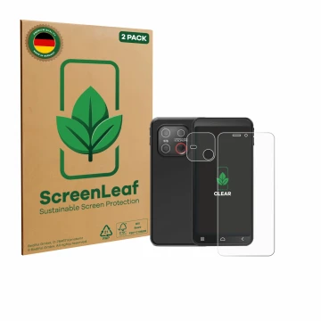 Front side of a product packaging with the brand logo ScreenLeaf. Next to it is the device Emporia Smart ME7 (Front+Camera) sh