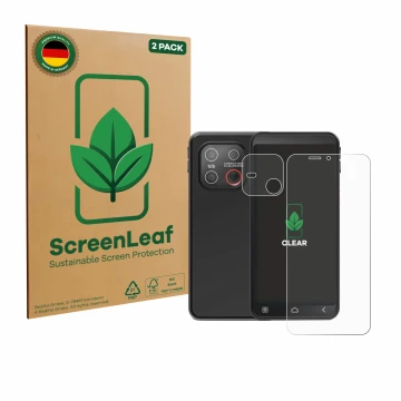 Front side of a product packaging with the brand logo ScreenLeaf. Next to it is the device Emporia Smart 7 Lite (Front+Camera)