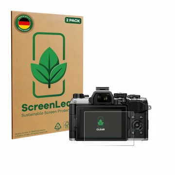 Front side of a product packaging with the brand logo ScreenLeaf. Next to it is the device Olympus OM System OM-5 Mark II show