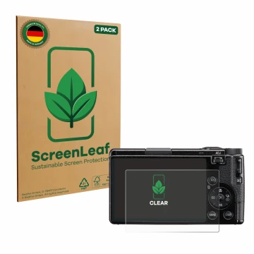 Front side of a product packaging with the brand logo ScreenLeaf. Next to it is the device Ricoh GR IV 2025 shown with the cor