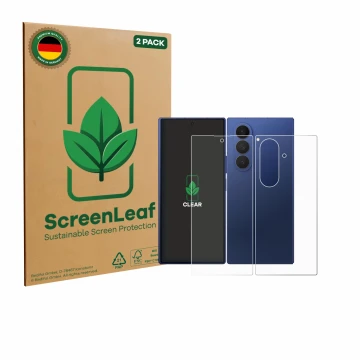 Front side of a product packaging with the brand logo ScreenLeaf. Next to it is the device Samsung Galaxy Z Fold 7 (Front+Back