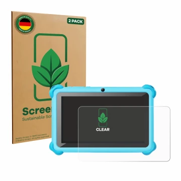 Front side of a product packaging with the brand logo ScreenLeaf. Next to it is the device zcobro KIDS710 7