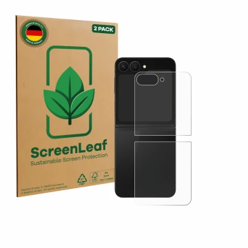 Front side of a product packaging with the brand logo ScreenLeaf. Next to it is the device Samsung Galaxy Z Flip 7 FE (Back) s