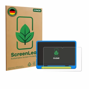 Front side of a product packaging with the brand logo ScreenLeaf. Next to it is the device Happybe Kids Tablet 10