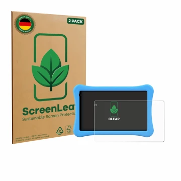 Front side of a product packaging with the brand logo ScreenLeaf. Next to it is the device Awow funtab 1001 10.1