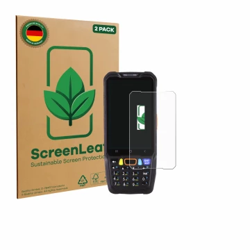 Front side of a product packaging with the brand logo ScreenLeaf. Next to it is the device Point Mobile PM68 shown with the co