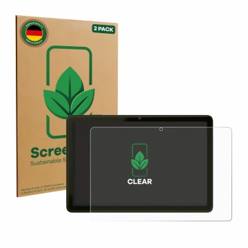 Front side of a product packaging with the brand logo ScreenLeaf. Next to it is the device VALE Tablet V10A shown with the cor