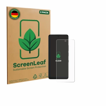 Front side of a product packaging with the brand logo ScreenLeaf. Next to it is the device TCL 50 Pro NXTPaper 5G shown with t