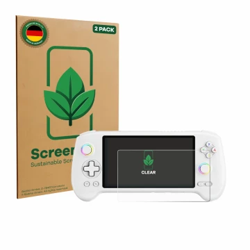 Front side of a product packaging with the brand logo ScreenLeaf. Next to it is the device Anbernic RG557 shown with the corre
