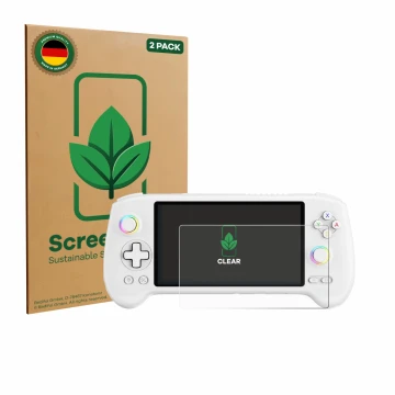 Front side of a product packaging with the brand logo ScreenLeaf. Next to it is the device Anbernic RG556 shown with the corre