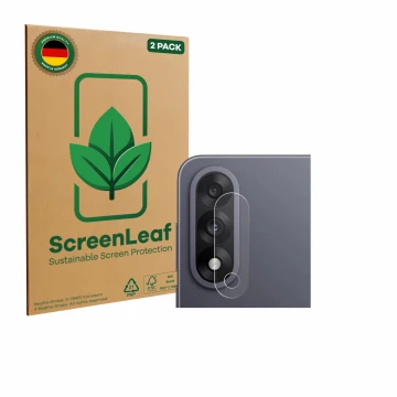 Front side of a product packaging with the brand logo ScreenLeaf. Next to it is the device OnePlus Nord 5 (ONLY Camera Lens) s