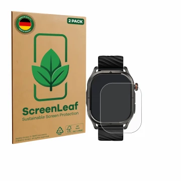 Front side of a product packaging with the brand logo ScreenLeaf. Next to it is the device Kospet Magic P10 1.96