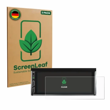 Front side of a product packaging with the brand logo ScreenLeaf. Next to it is the device Hikity Carplay 6.86