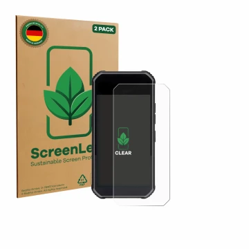 Front side of a product packaging with the brand logo ScreenLeaf. Next to it is the device SkyCaddie Pro 5X shown with the cor