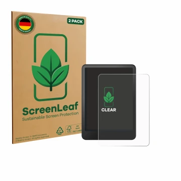 Front side of a product packaging with the brand logo ScreenLeaf. Next to it is the device Amazon Kindle Colorsoft shown with 
