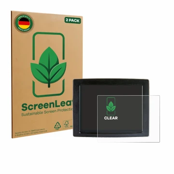 Front side of a product packaging with the brand logo ScreenLeaf. Next to it is the device John Deere GreenStar shown with the