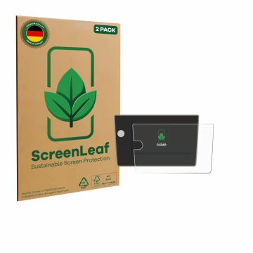 Front side of a product packaging with the brand logo ScreenLeaf. Next to it is the device Volkswagen Polo Life 2024 shown wit