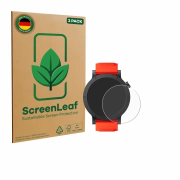 Front side of a product packaging with the brand logo ScreenLeaf. Next to it is the device Nothing CMF Watch 3 Pro shown with 