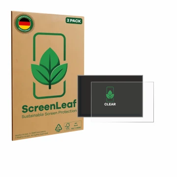 Front side of a product packaging with the brand logo ScreenLeaf. Next to it is the device Renault Master 2025 shown with the 
