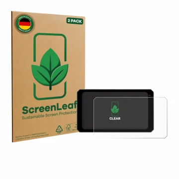 Front side of a product packaging with the brand logo ScreenLeaf. Next to it is the device Chigee AIO-6 Max shown with the cor