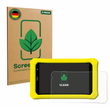 Front side of a product packaging with the brand logo ScreenLeaf. Next to it is the device Clementoni Clempad 8