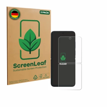 Front side of a product packaging with the brand logo ScreenLeaf. Next to it is the device Xiaomi MIX Flip shown with the corr
