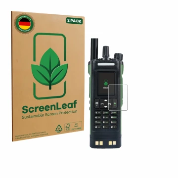 Front side of a product packaging with the brand logo ScreenLeaf. Next to it is the device Baofeng DM-32 shown with the corres