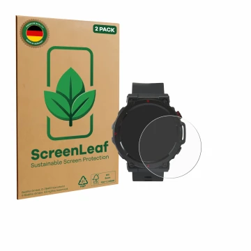 Front side of a product packaging with the brand logo ScreenLeaf. Next to it is the device Crivit Sport-Smartwatch shown with 