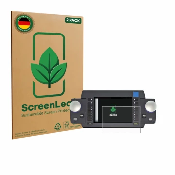 Front side of a product packaging with the brand logo ScreenLeaf. Next to it is the device ESU Ecos 50220 shown with the corre