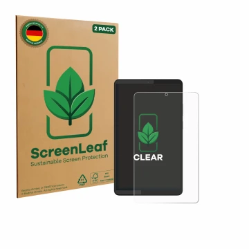 Front side of a product packaging with the brand logo ScreenLeaf. Next to it is the device Lenovo Tab One 8.7