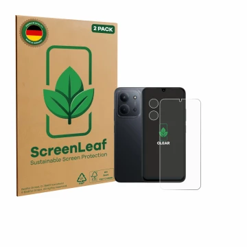 Front side of a product packaging with the brand logo ScreenLeaf. Next to it is the device Xiaomi Redmi 15C 4G (Front+Camera) 